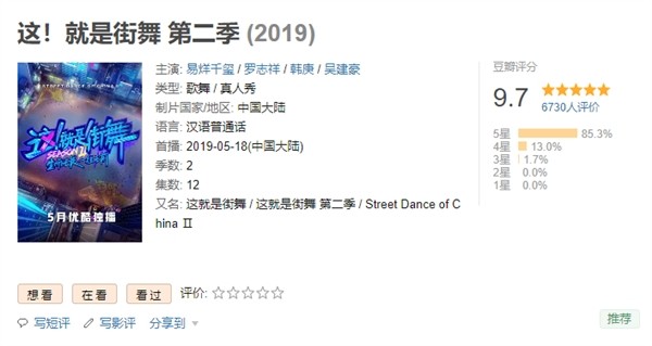 《这！就是街舞》第二季豆瓣9.7分 刷新纪录！
