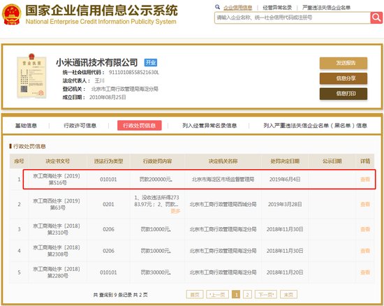 小米通讯技术有限公司被行政处罚：罚款超20万元，原因不明