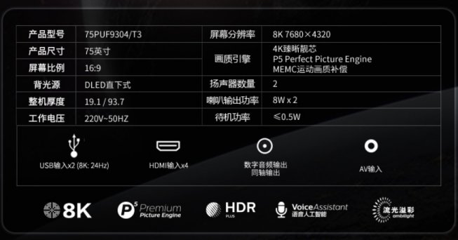 飞利浦8K电视正式发布 75英寸超大屏欧风设计