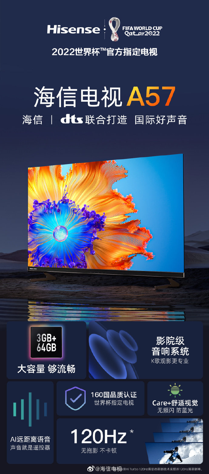 新品海信电视A57发布 联合DTS打造，支持120Hz