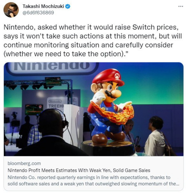 任天堂表示Switch暂时不会涨价，但未来会重新考虑定价