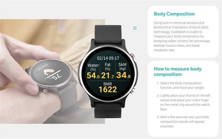 华硕新品智能手表VivoWatch6身体成分测量