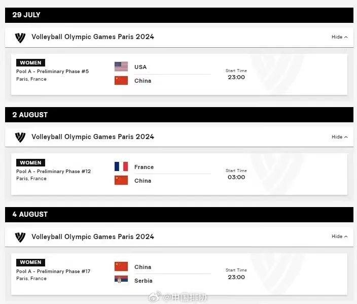 2024年巴黎奥运会女子排球项目中国女排小组赛赛程