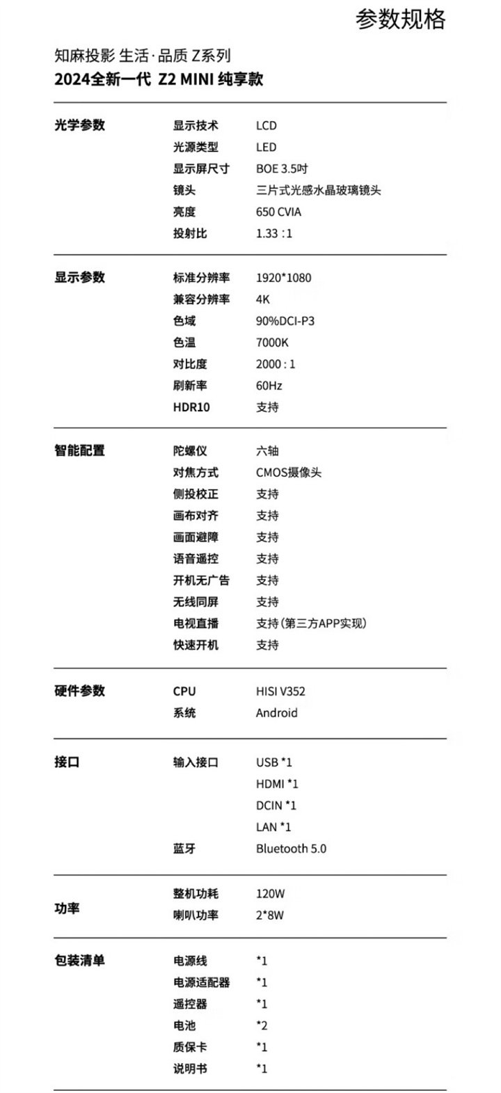 Z2 MINI投影仪参数图览：