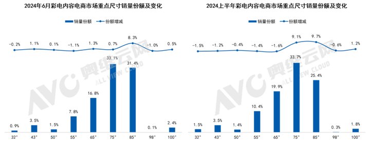 2024年6月及上半年彩电内容电商市场重点尺寸销量份额及变化