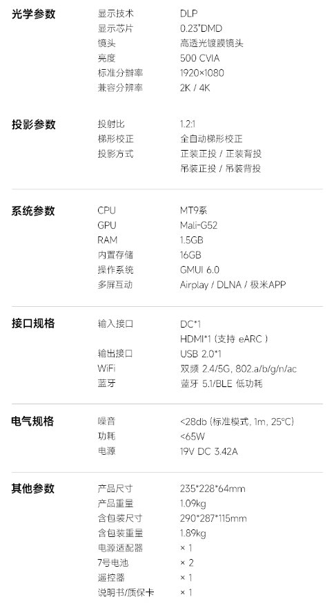 极米Z6X 第五代参数详情