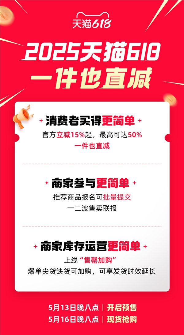 史上最简单!2025天猫618规则公布:官方立减15%起 最高立减50% 一件也直减
