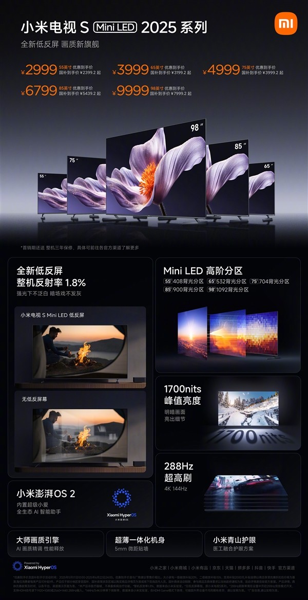 小米首款低反屏 55-98英寸全覆盖！小米电视S Mini LED 2025系列发布