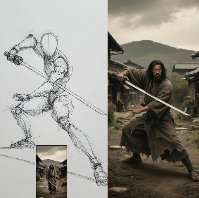 保持原始图像背景不变，让武士跟随我的素描图做好战斗准备姿势。