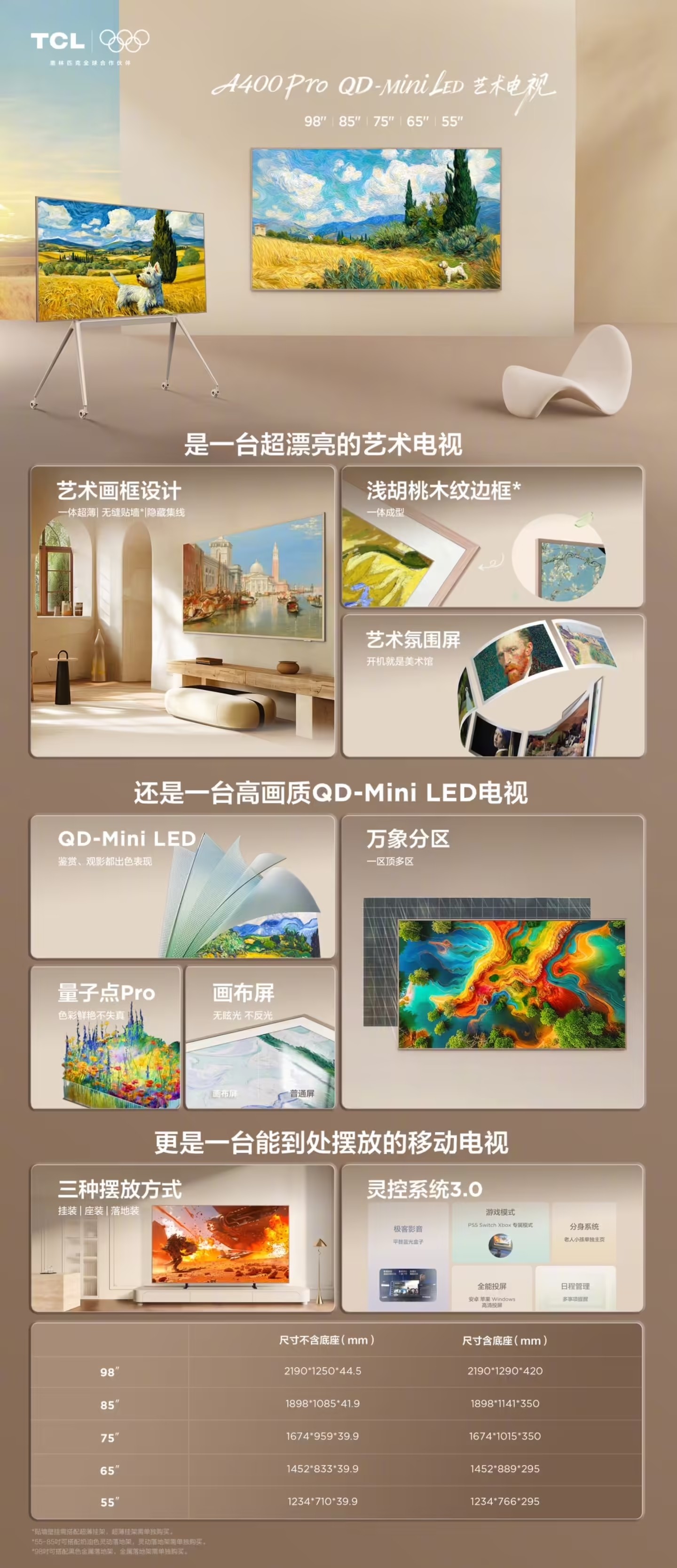 TCL QD-Mini LED艺术电视A400 Pro上市 55-98英寸版本7999 元起售